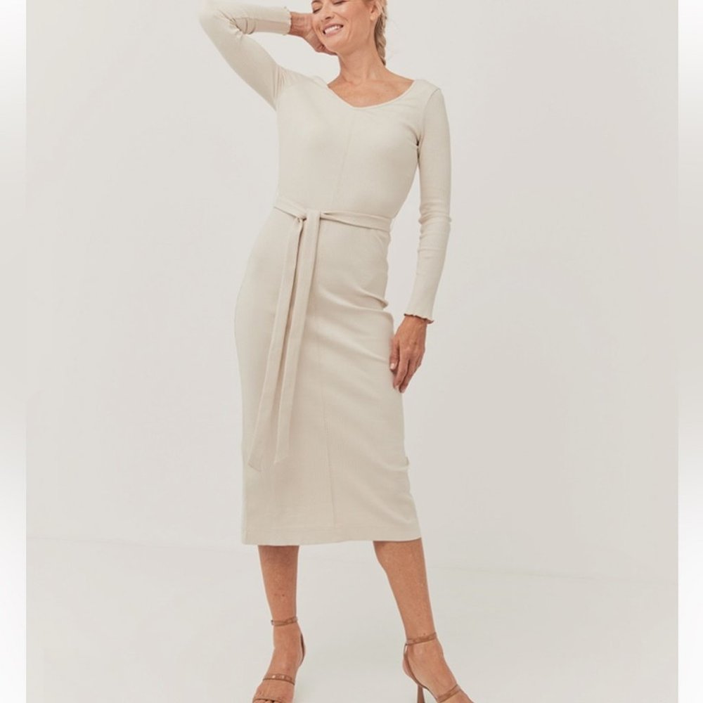 NWT Pact organic ivory cream Jazz stretch rib knit midi dress - Picture 3 of 7